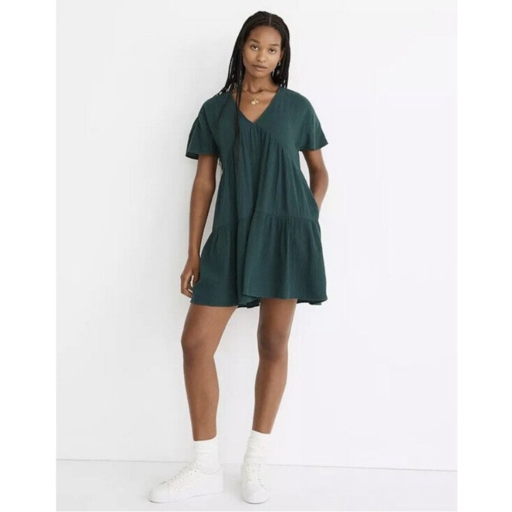 Madewell Lightspun Popover Tiered Mini Dress Green NWOT